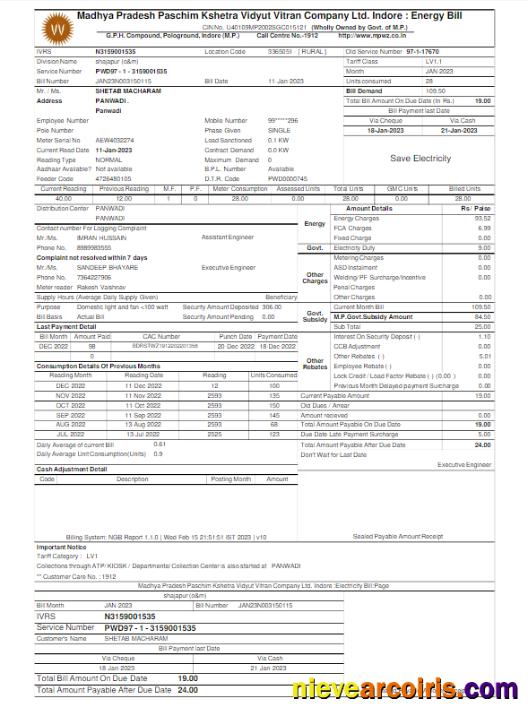 INDIA MPWZ utility bill